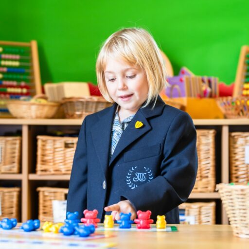 Prep school girl in a classroom working on an activity with lastic bears of different sizes and colours at St Mary's in Essex