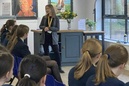 St Mary’s parent Sophie delivering a thought-provoking assembly about her father who was a Holocaust survivor.